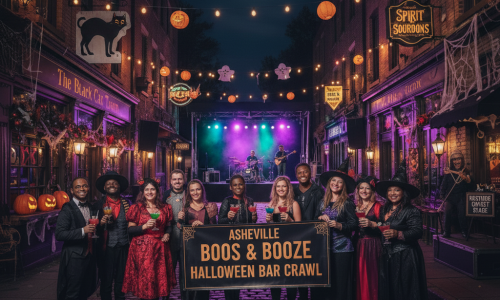 Adults in Halloween costumes enjoy cocktails under string lights on a lively street with bars and a full moon overhead.