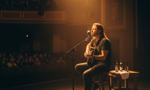 Aaron Lewis performing acoustically on stage under a warm spotlight, with bottles and a setlist on a small table beside him, capturing an intimate concert setting.