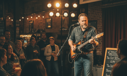 Musician playing guitar under stage lights with crowd gathered close.