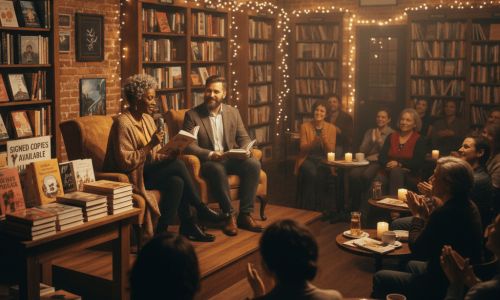 Two poets reading beside a book display in a warmly lit indie bookstore.