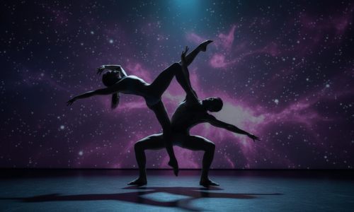 Two dancers in dynamic silhouette against a cosmic backdrop of swirling purple and blue galaxies, with subtle stage lighting highlighting their forms.