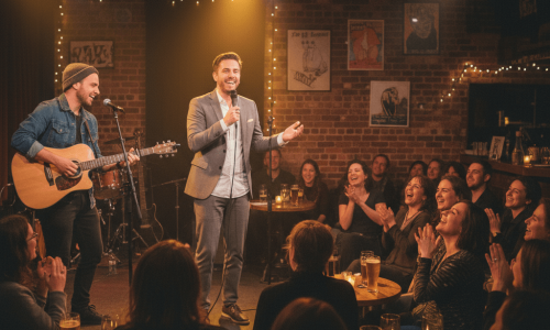 Comedian on stage with guitar player beside them, audience laughing in a cozy indie venue.