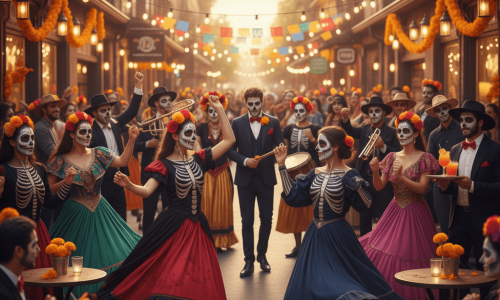 Bright sugar skull makeup, marigolds, and street‑side dancing in a lively celebration.