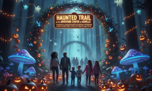 Families walk a glowing forest trail at night; pumpkins and mushrooms light the path while kids ride lit ziplines. Friendly ghosts peek from trees.