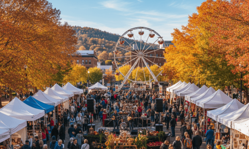 Aerial view of a vibrant fall festival in a park with vendor tents, live music, a harvest market, and a Ferris wheel, surrounded by autumn trees and mountains