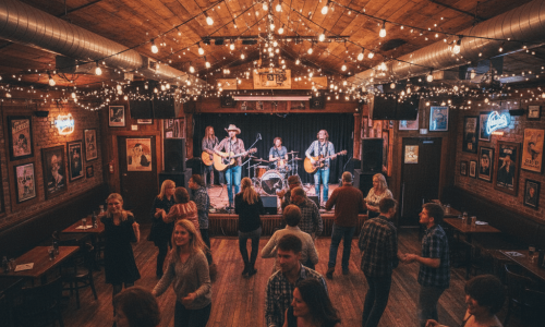 Crowd dancing on a wooden floor while a country band plays under string lights.