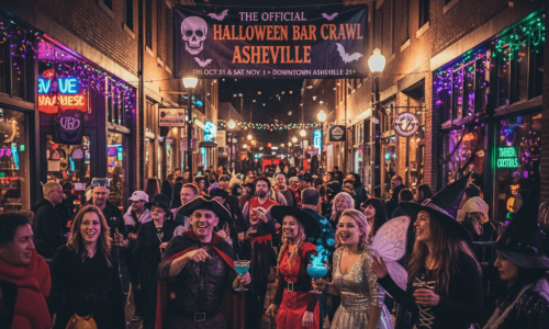  Adults in Halloween costumes bar hopping under neon lighting with festive décor.