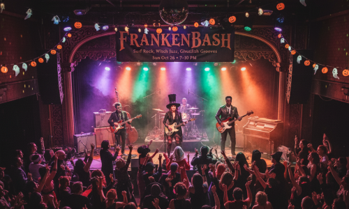 Costumed musicians perform on stage while a crowd in Halloween costumes dances under spooky lights.