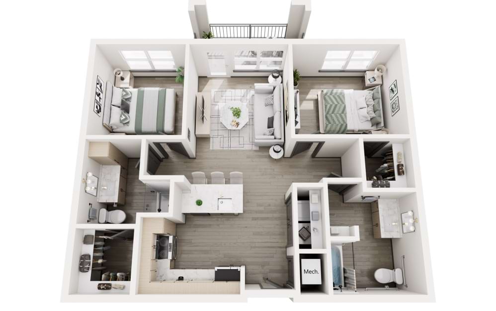 HAYWOOD (ADA) - 2 bedroom floorplan layout with 2 bathrooms and 942 square feet (3D)