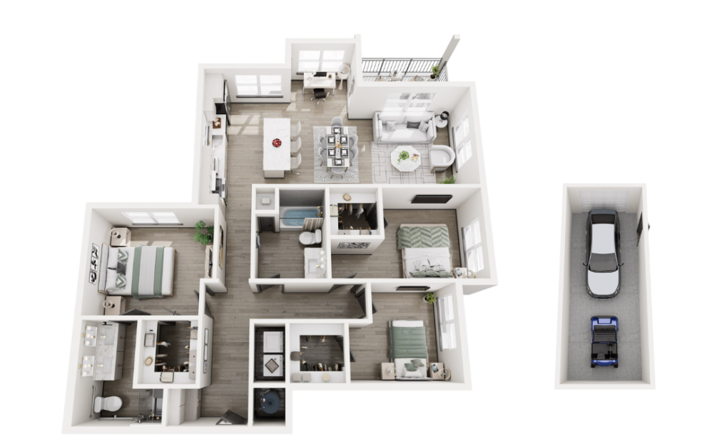 Appalachian - 3 bedroom floorplan layout with 2 bathrooms and 1378 square feet (3D)