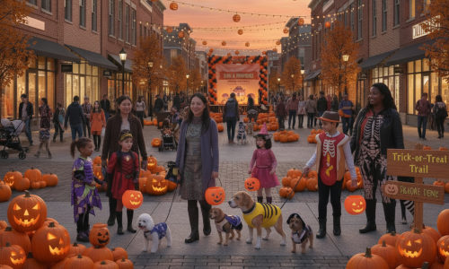Families and pets stroll through a pumpkin-filled street festival with shops, costumes, and warm autumn lights. Dogs in costume and kids trick-or-treat under a cozy evening sky.